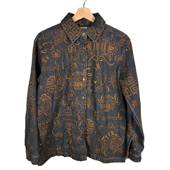 Chico's Women's Size 1 Gold Embroidered Tribal Pattern Black Denim Jacket - Picture 1 of 9